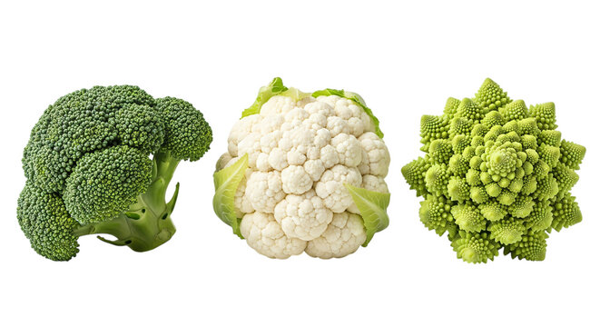 Broccoli, cauliflower and romanesco isolated on transparent background