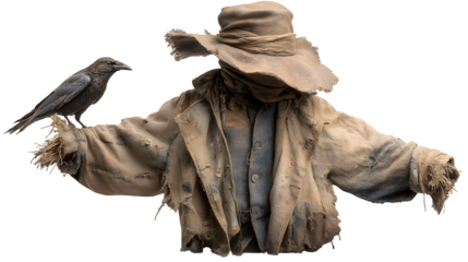 Scarecrow with tattered hat and crow, isolated on white background