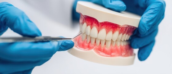 The Dental Model Held by Gloved Hands Displaying Dental Examination Procedure