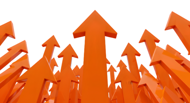 Ascending Arrows: A multitude of orange arrows, a visual representation of upward momentum and progress, rise with a determined trajectory. These arrows communicate growth, ambition.