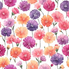 Watercolor Floral Pattern Design With Colorful Flower Blooms Isolated On White Background