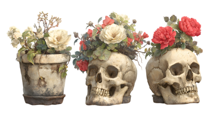 Set of 3 skull flower pots, isolated on white background