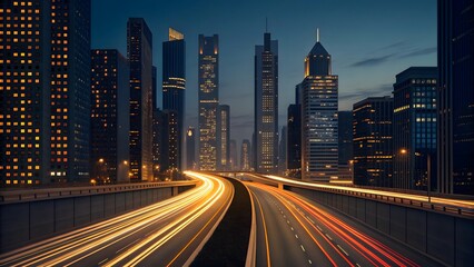 Fototapeta premium Dynamic city skyline at dusk with vibrant light trails on highway, symbolizing progress and connectivity