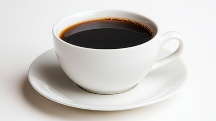 Obraz premium Freshly Brewed Black Coffee in a White Cup on a Saucer with Minimalist Background