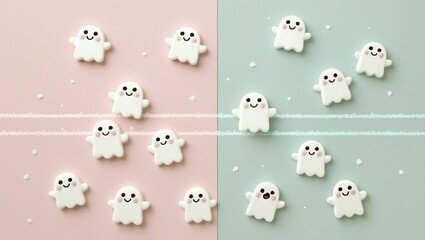 Obraz premium kawaii pastel dashed divider line with tiny smiling ghosts floating above