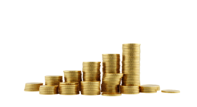 Ascending Currency: A collection of gold coins are artfully arranged in ascending order, illustrating financial growth, investment, and prosperity.
