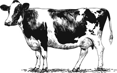 Cow vector sketch hand drawn line art in nature, black and white dairy cow — stock vector