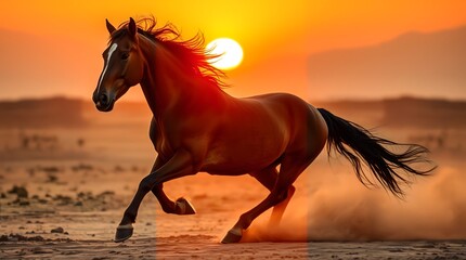 Sunfire Gallop: Brown Horse in Desert Blaze