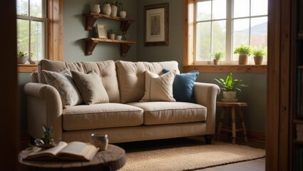 Fototapeta premium Modern living room with cozy sofa, knitted throws, and colorful cushions in orange, green, and cream tones, creating a warm and stylish interior design.