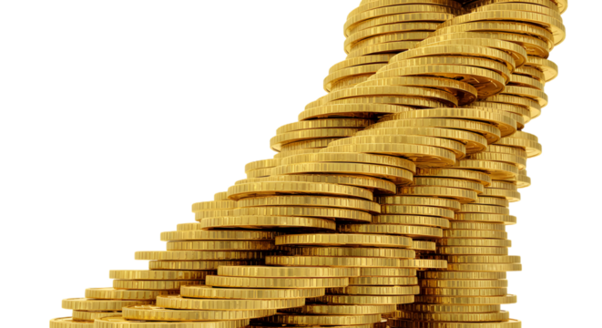 Golden Coin Spiral: An eye-level, spiraling cascade of pristine golden coins, showcasing wealth and prosperity. This image embodies financial growth and success.