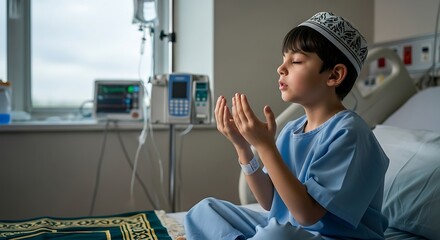 A faithful young boy in hospital gown praying for good health and strength during illness