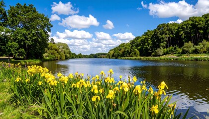 Scenic lake with yellow flowers under a vibrant sky