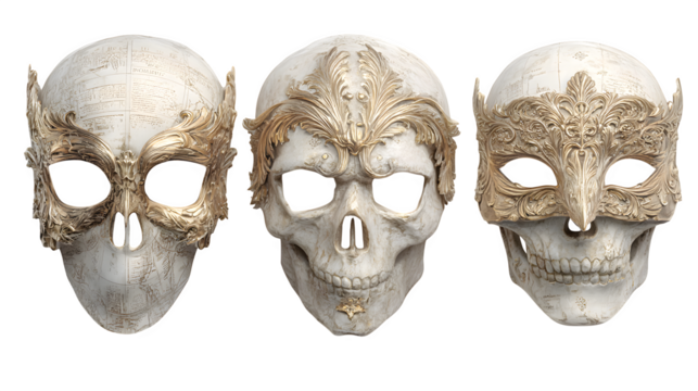 Set of 3 skeleton masks, isolated on white background