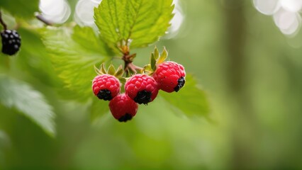 Forest in the background,free space for text on the side, berry in close-up