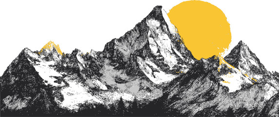 Sun mountain vector sketch hand drawn line art in nature, mountain range with yellow sun, vintage — stock vector