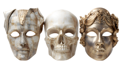 Set of 3 skeleton masks, isolated on white background