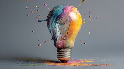 A light bulb covered in vibrant paint splashes. The bulb is metallic with colorful drips and splatters around it, symbolizing creativity and innovation.