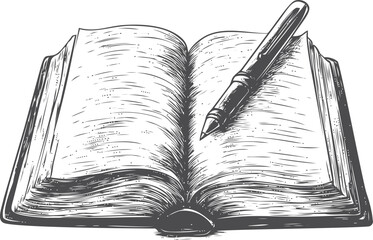 Book vector sketch hand drawn line art, open vintage book with fountain pen — stock vector