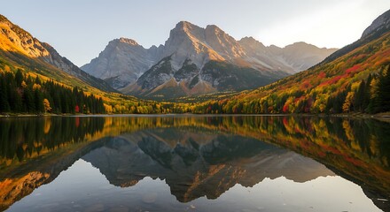 Fototapeta premium Majestic Mountain Reflection: Autumnal Lake Landscape with Vibrant Colors