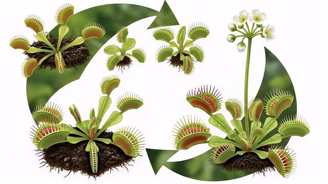 Illustrated lifecycle diagram of a venus flytrap plant with arrows, showing growth stages