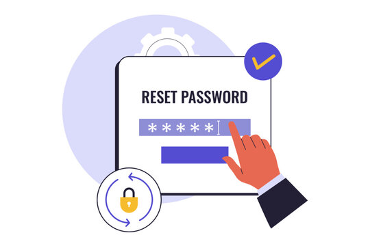 Flat Design of Password Reset and Account Security. Illustration of Changing an Online Password to Enhance User Protection. This illustration shows a hand interacting with a tablet to reset a password