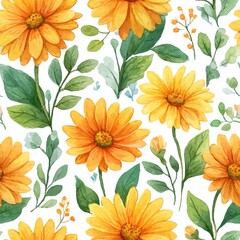 Floral Delight A Seamless Watercolor Pattern Of Yellow Flowers And Green Leaves
