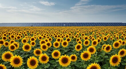 Fototapeta premium Nature's Solar Collectors: A Vibrant Sunflower Field Before a Modern Photovoltaic Farm.