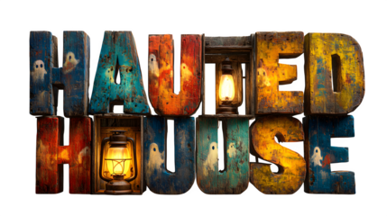 "Haunted House" letters illuminated by lanterns with shadows of ghosts, isolated on white background