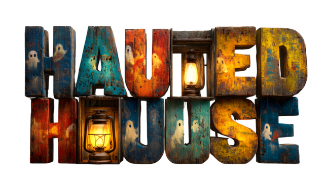 "Haunted House" letters illuminated by lanterns with shadows of ghosts, isolated on white background
