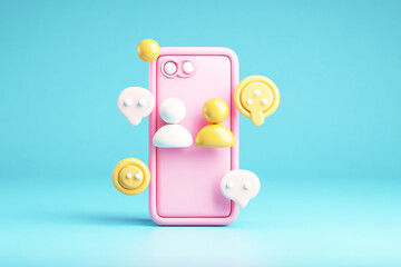 Pink Smartphone with Two Floating People Icons in White and Yellow.