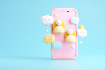 Pink Smartphone with Two Floating People Icons in White and Yellow.