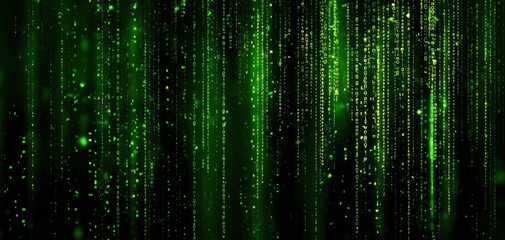 The Digital Rain of Glowing Green Code Streams Over Dark Futuristic Background