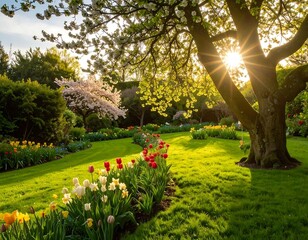 Spring garden bathed in sunlight