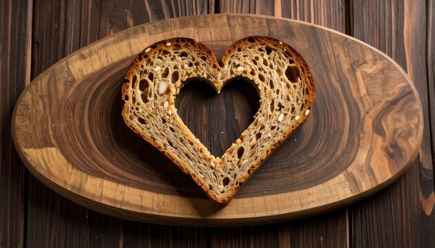 Heart-shaped slice of toasted bread on a wooden board