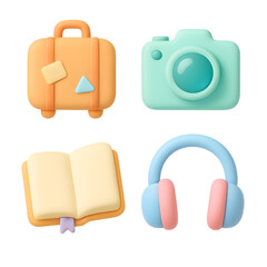Lifestyle 3D claymorphism pastel 4 icon set travel suitcase camera book headphones object-colored transparent background isolated cut out