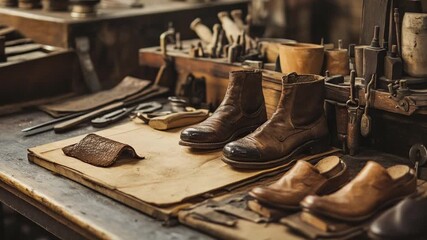 Vintage shoemaker's workshop with crafted leather footwear - Powered by Adobe