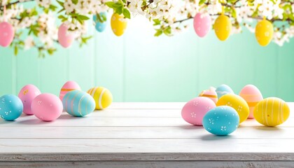 Pastel Easter eggs on white wood table
