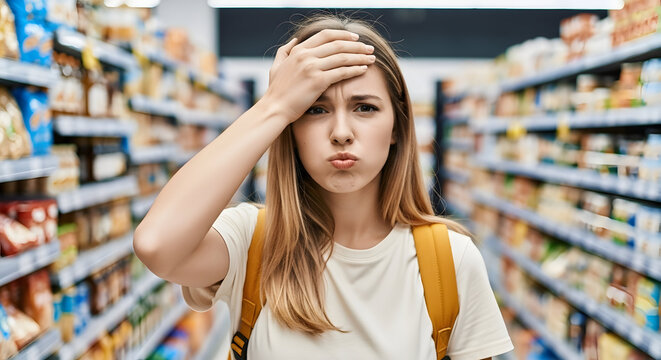 Woman forgets grocery list overwhelmed in supermarket aisle stressed shopping forgot items confused forgetful memory lapse