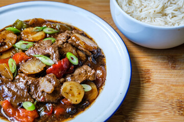 Classic Chinese Style Beef and Black Bean Meal With Boiled White Rice