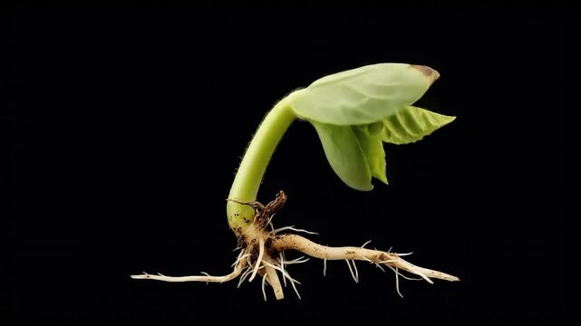 Seedling emerges, green leaves unfurling against a black background, roots extended