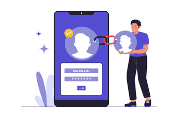 Flat Design Illustration of Link Connected Accounts and Digital Profile Integration. Syncing a User's Online Accounts and Information. Person linking different online accounts on their smartphone.