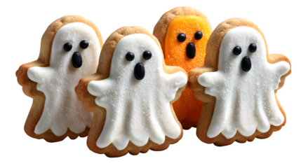 Group of 4 ghost cookies with icing, isolated on white background