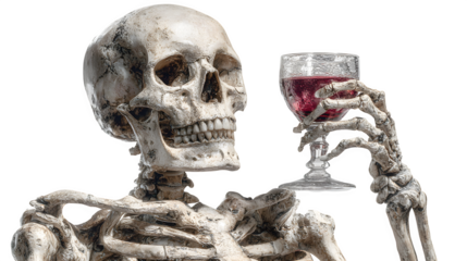 Skeleton holding wine glass, isolated on white background