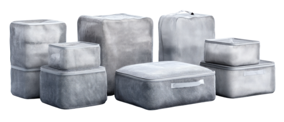 Gray, rectangular storage containers of various sizes