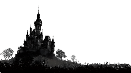 Silhouette of vampire castle with bats and full moon, isolated on white background, HD realistic