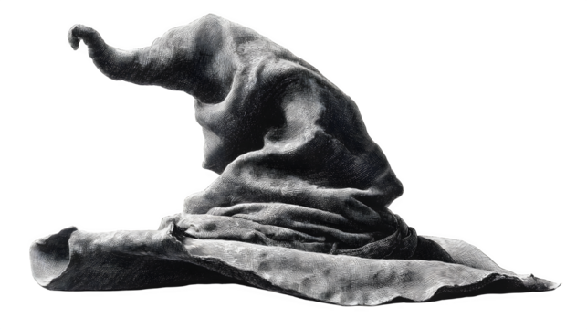 Minimal line art witch hat with curled tip isolated on white background