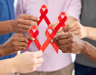 Group of people holding red ribbons, symbolizing global AIDS and HIV awareness, support, and solidarity in public health initiatives