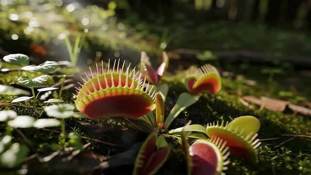 Venus flytraps bask in sunlit moss on a forest floor