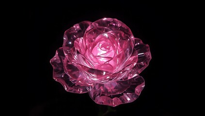 Illuminated Pink Crystal Rose: Elegant, Romantic, and Luxurious Glass Flower on Black Background
