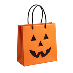 Orange halloween trick or treat paper gift bag with jack o lantern face isolated on transparent background